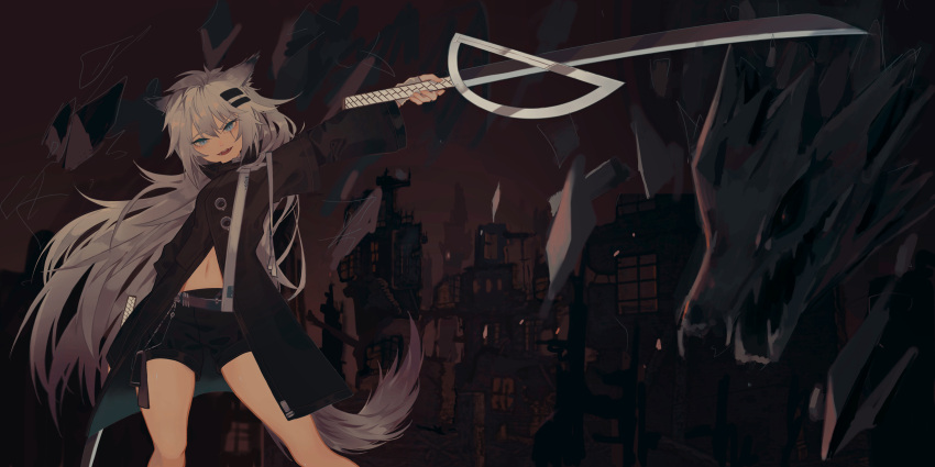 1girl, :d, absurdres, animal_ears, arknights, bangs, black_coat, black_shorts