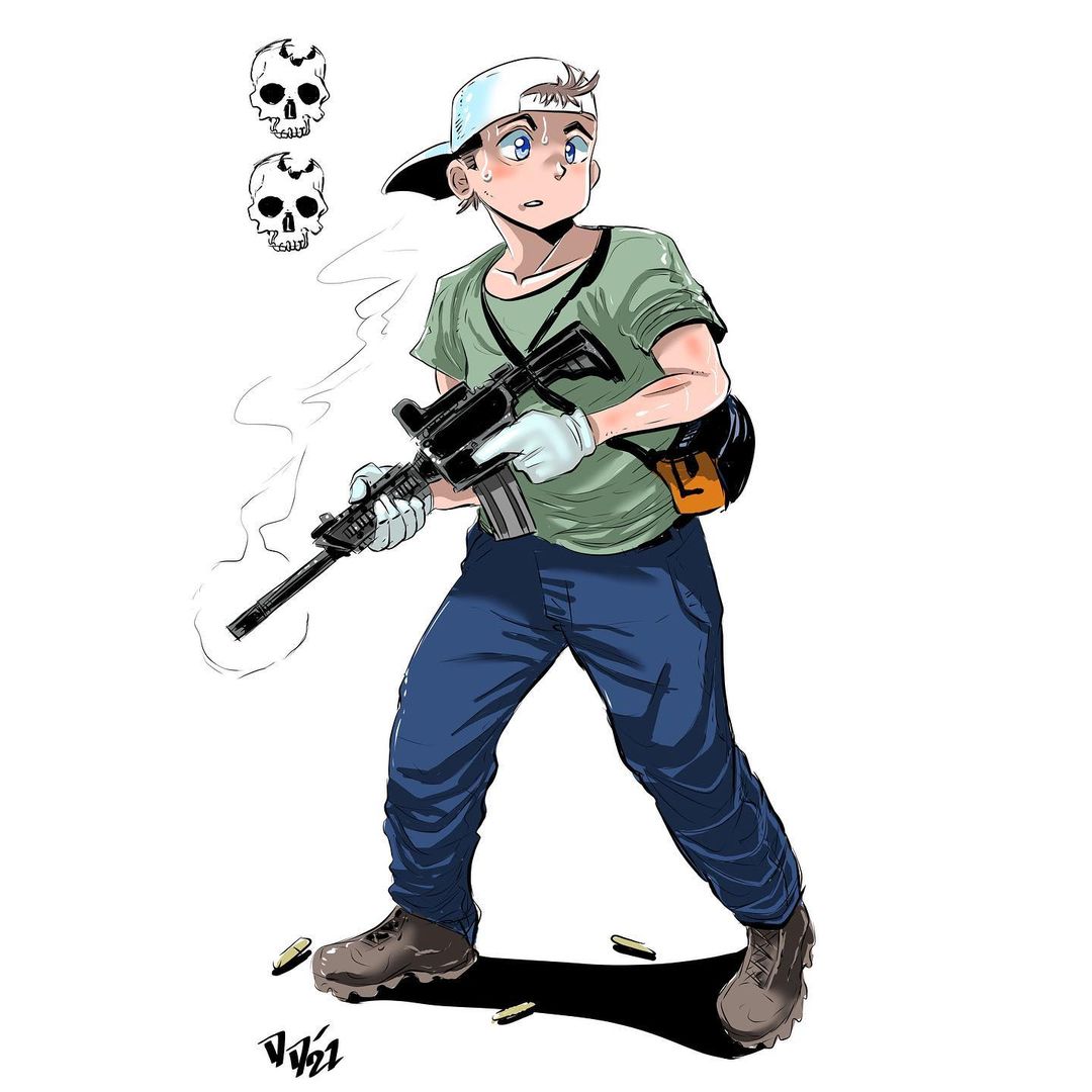 1boy, animification, ar-15, backwards_hat, baseball_cap, black_bag, blue_eyes, blue_pants