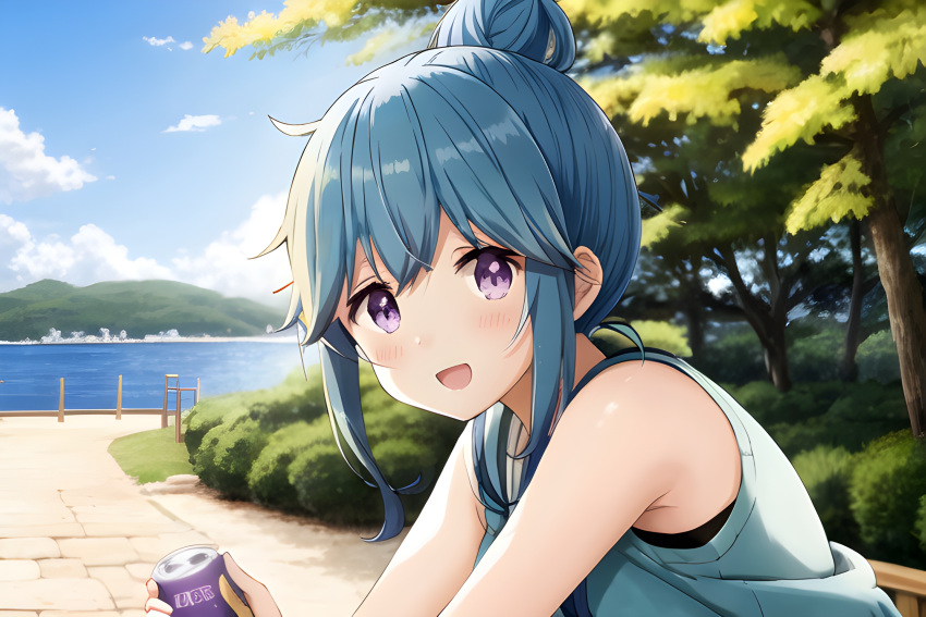 1girl, :d, ai-generated, awwesomeai, bangs, blue_hair, blush, bush, can, cloud, cloudy_sky, day, fanart, hair_bun, highres, holding_can, horizon, lake, looking_at_viewer, mountain, mountainous_horizon, nature, open_mouth, outdoors, park, purple_eyes, shima_rin, short_hair, sidelocks, sky, sleeveless, solo, tree, tree_shade, water, yurucamp