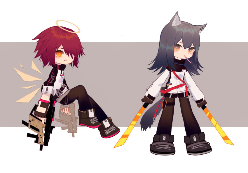 2girls, arknights, bangs, black_footwear, black_gloves, black_hair, black_shorts, brown_background