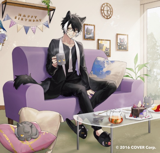 1boy, animal_ears, animal_slippers, bespectacled, between_legs, black_footwear, black_hair, black_jacket, black_pants, black_shirt, bouquet, cake, cat, clock, copyright, couch, crew_neck, cup, cushion, food, fork, fruit, full_body, glass_table, glass_teapot, glasses, grey_cat, hair_between_eyes, hand_between_legs, hanging_flower, happy_birthday, holding, holding_cup, holostars, indoors, jackal_boy, jackal_ears, jackal_tail, jacket, kageyama_shien, koyama_(kageyama_shien), lapels, looking_at_viewer, male_focus, mug, multicolored_hair, nakayama_(kageyama_shien), namakawa, necktie_print, nekoyama_shien, official_art, omelet, omurice, pants, parted_lips, photo_(object), plant, plate, shawl_lapels, shelf, shirt, short_hair, sitting, slippers, smile, solo, steam, strawberry, string_of_flags, table, tail, teapot, themed_object, two-tone_hair, virtual_youtuber, white_hair, window, yellow_eyes