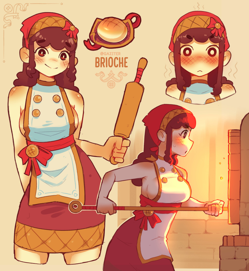 1girl, absurdres, artist_name, baking, bread, breasts, brick_oven, brioche