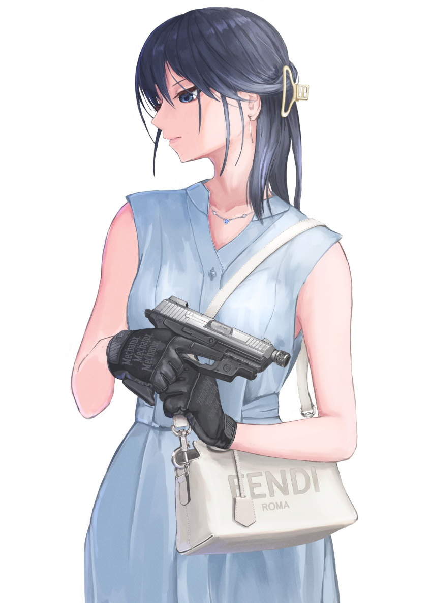 1girl, bag, black_hair, blue_dress, blue_eyes, closed_mouth, d-sawa613, dress
