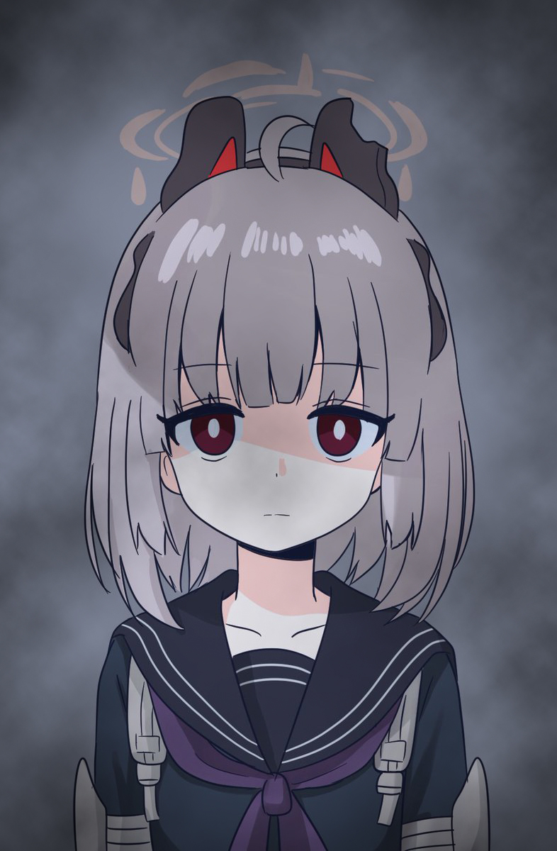 1girl, animal_ears, black_headwear, black_serafuku, blue_archive, grey_background, grey_hair, halo