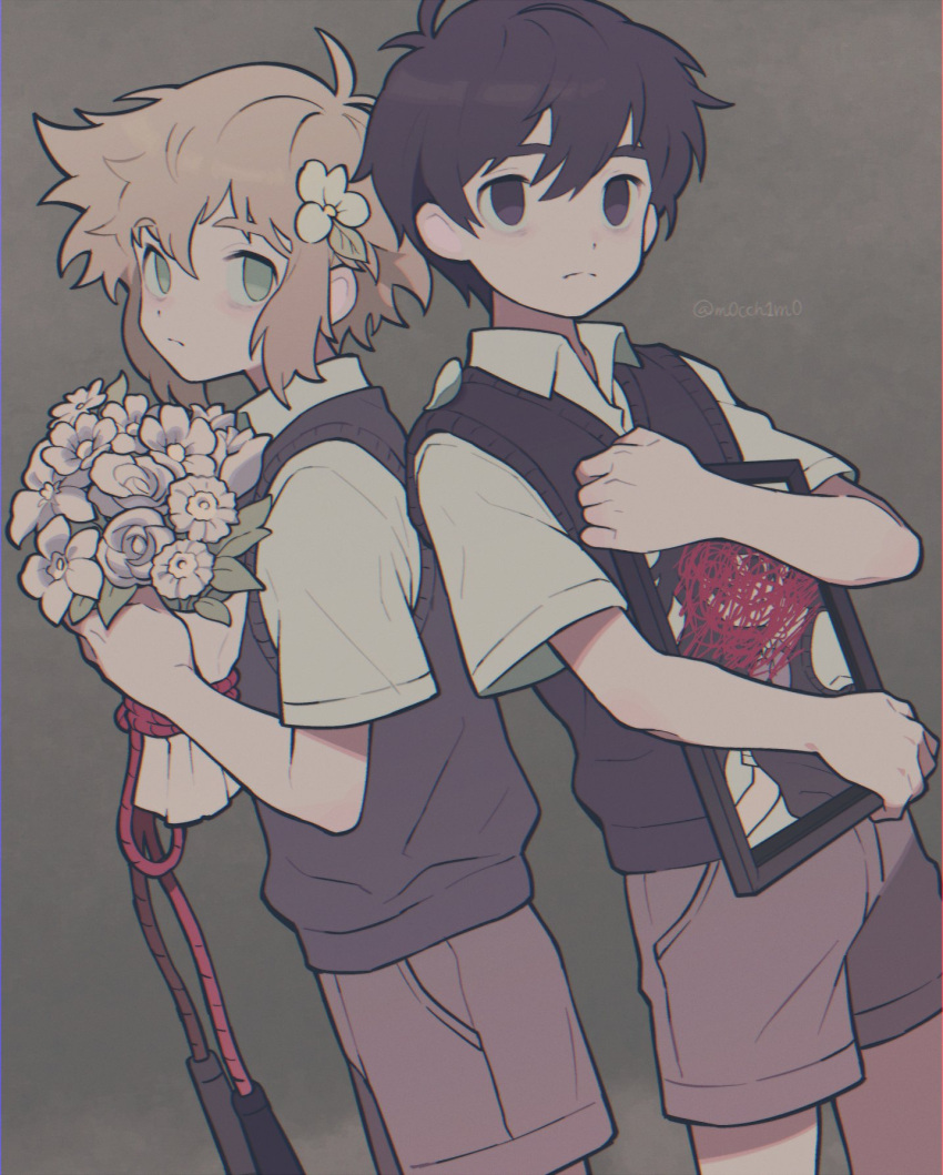 2boys, basil_(omori), black_eyes, black_hair, blonde_hair, blue_eyes, bouquet, brown_shorts, closed_mouth, collared_shirt, expressionless, flower, hair_flower, hair_ornament, highres, holding, holding_bouquet, holding_jump_rope, jump_rope, mari_(omori), moti_(m0cch1m0), multiple_boys, omori, scribble, shirt, short_hair, short_sleeves, shorts, spoilers, sunny_(omori), white_shirt
