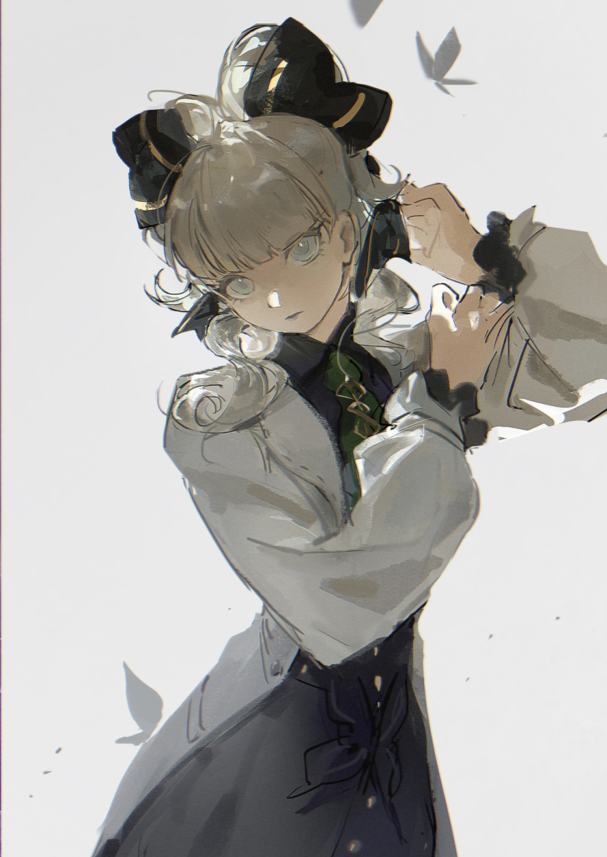 1girl, ace_attorney, bangs, black_bow, blonde_hair, blue_eyes, blunt_bangs, bow, bug, butterfly, closed_mouth, coat, grey_background, hair_bow, highres, labcoat, liyuliyuzhou, long_sleeves, looking_at_viewer, maria_gorey, simple_background, solo, standing, the_great_ace_attorney, the_great_ace_attorney_2:_resolve, white_coat