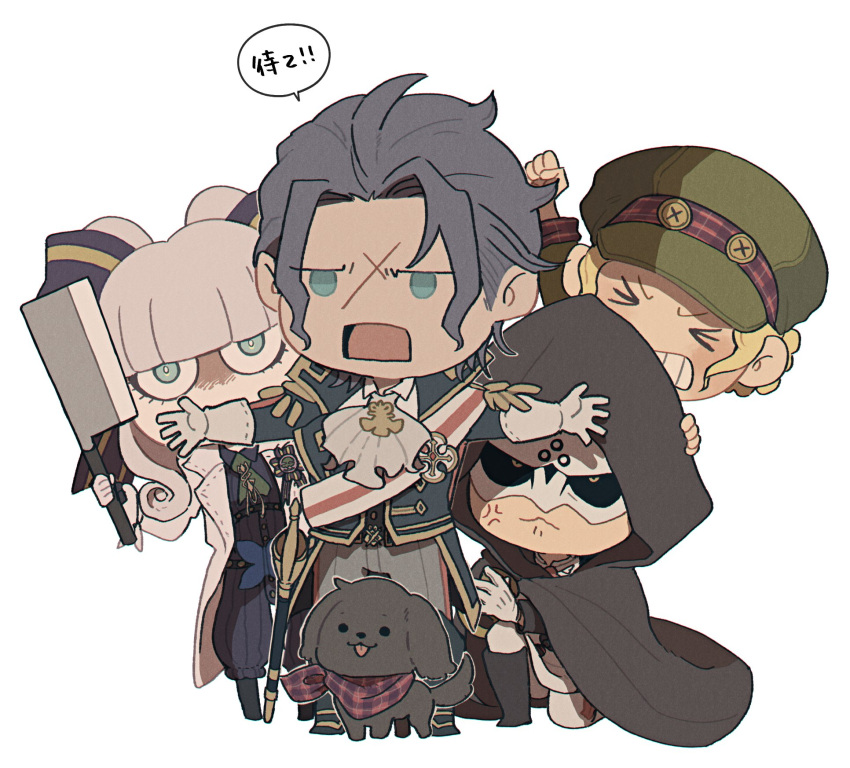 >_<, 2boys, 2girls, ace_attorney, anger_vein, bangs, barok_van_zieks, behind_another