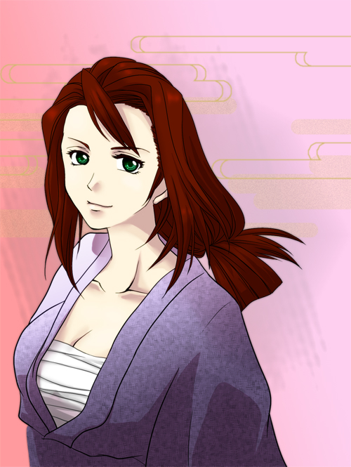 brown_hair, female, green_eyes, hot_jikan, japanese_clothes, kimono, lo_wen, long_hair