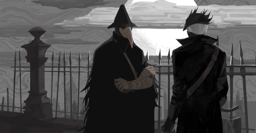 1girl, 1other, ambiguous_gender, bandaged_arm, bandages, black_headwear, bloodborne, clouds