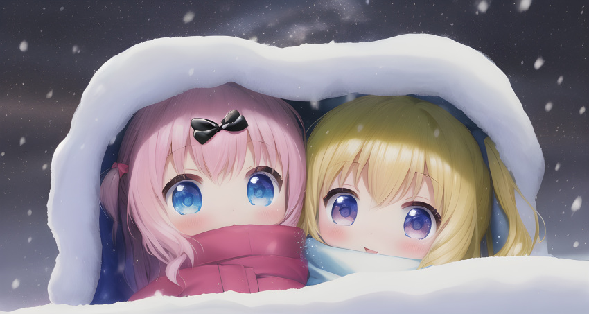 2girls, awwesomeai, bangs, black_bow, blanket, blonde_hair, blue_eyes, blush, bow, chibi, covered_mouth, eyebrows_visible_through_hair, fujiwara_chika, hair_between_eyes, hair_bow, hayasaka_ai, kaguya-sama_wa_kokurasetai_~tensai-tachi_no_renai_zunousen~, long_hair, looking_at_viewer, multiple_girls, night, night_sky, pink_hair, scarf, side_ponytail, smile, snow, snowing, twintails, winter
