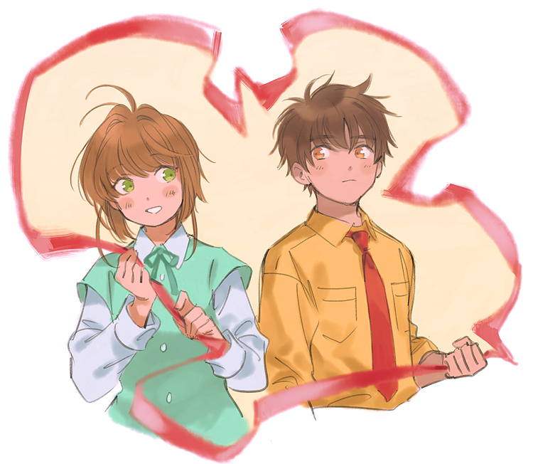 1boy, 1girl, antenna_hair, bangs, blush, blush_stickers, breast_pocket, brown_eyes