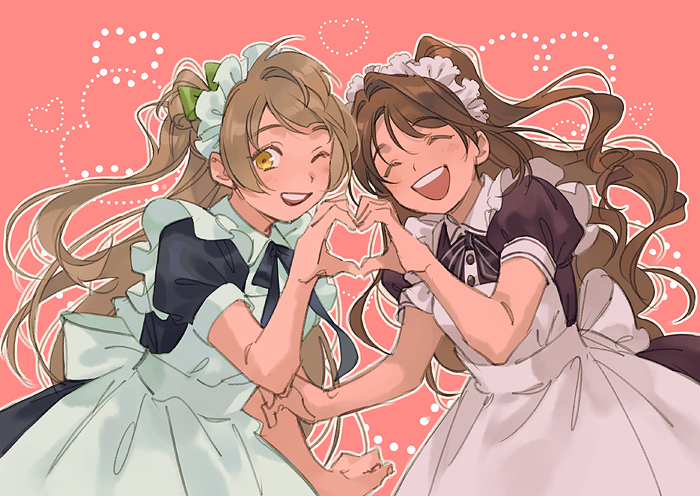 2girls, ;d, ^_^, alternate_costume, apron, back_bow, bangs, black_dress