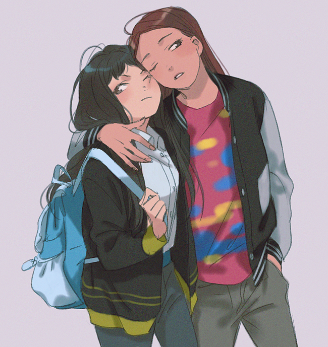 2girls, ;(, arm_around_neck, backpack, bag, bangs, black_eyes, black_hair