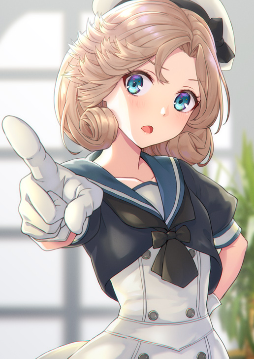 1girl, blonde_hair, blue_eyes, blue_sailor_collar, blush, commission, dress, gloves