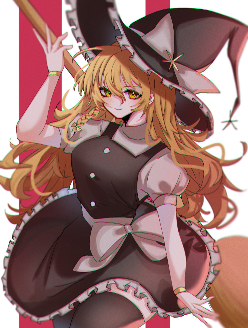 1girl, bangs, black_thighhighs, blonde_hair, blurry, blurry_background, bow, bracelet