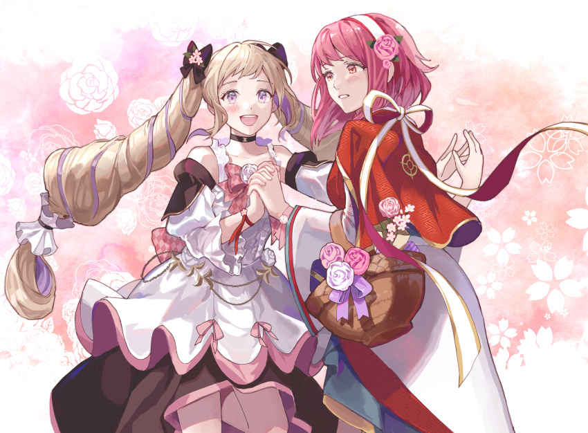 2girls, :d, ankle_boots, basket, blonde_hair, blush, boots, bow