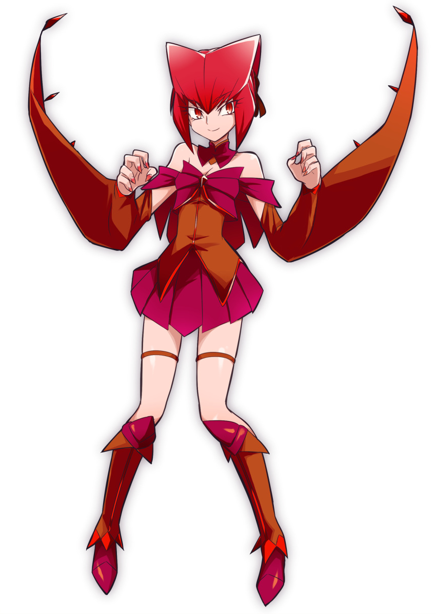 1girl, bangs, bare_shoulders, boots, full_body, gamera_(series), genderswap, genderswap_(mtf), gyaos, highres, kaijuu, miniskirt, pink_skirt, red_eyes, redhead, short_hair, simple_background, skirt, thigh_boots, thigh_strap, usoco, white_background, wings