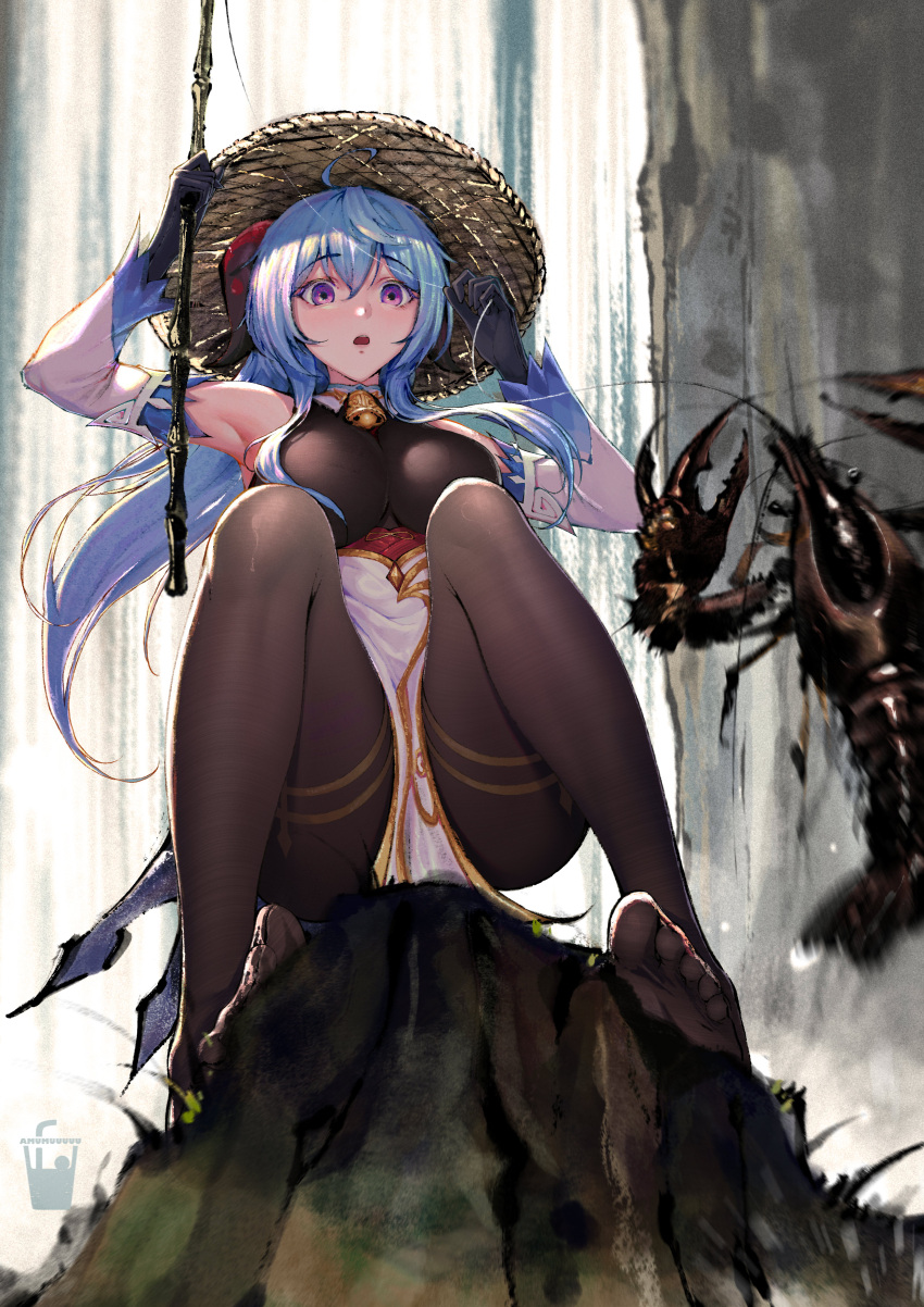 1girl, absurdres, ahoge, artist_logo, bangs, bell, black_bodysuit, black_gloves, black_pantyhose, blue_hair, bodysuit, breasts, cowbell, detached_sleeves, fishing_rod, ganyu_(genshin_impact), genshin_impact, gloves, goat_horns, hair_between_eyes, hat, highres, holding, holding_fishing_rod, horns, large_breasts, lobster, long_hair, mumuy, no_shoes, open_mouth, outdoors, pantyhose, pelvic_curtain, sitting_on_rock, straw_hat, surprised, toes, violet_eyes, water, waterfall, white_sleeves