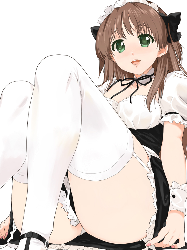 brown_hair, choker, garter_straps, green_eyes, haruka_(baby_princess), kusaka_souji, long_hair, maid, maid_headdress, nail_polish, sitting, skirt, thigh-highs, thighhighs, thighs, wrist_cuffs