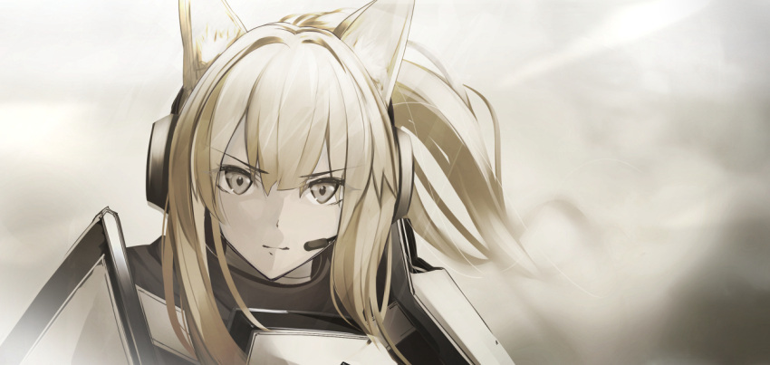 1girl, animal_ears, arknights, armor, blonde_hair, commentary_request, grey_eyes, headset