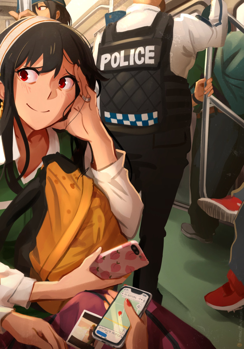 2boys, 2girls, absurdres, arm_up, bag, black_hair, black_pants, blush, bush, closed_mouth, coordinates, crossed_legs, earrings, fiona_frost, green_vest, hairband, hand_up, highres, holding, holding_phone, jewelry, khyle., long_sleeves, multiple_boys, multiple_girls, nail_polish, pants, peach_print, people, phone, photo_(object), police, red_eyes, red_nails, ring, shirt, shoes, sitting, smile, spy_x_family, standing, syringe, train_interior, twilight_(spy_x_family), vest, white_shirt, yor_briar