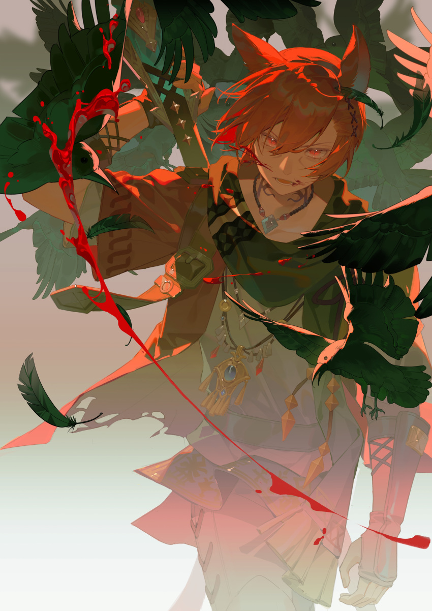 1boy, absurdres, animal_ears, arm_at_side, arm_up, bangs, bird, black_bird