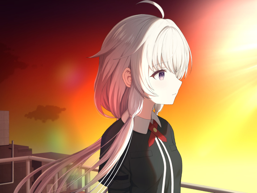 1girl, ahoge, arms_at_sides, bangs, black_shirt, breast_pocket, closed_mouth, clouds
