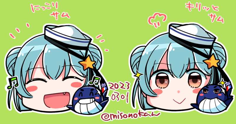1girl, black_ribbon, blue_hair, brown_eyes, commentary_request, dixie_cup_hat, double_bun, facing_viewer