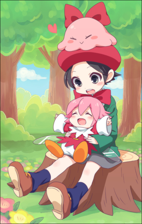 2girls, :>, :d, ^_^, adeleine, arms_up, bangs, beret, black_eyes, black_hair, blue_sky, blue_socks, blush, blush_stickers, bow, brown_footwear, bush, chuchu_(kirby), closed_eyes, closed_mouth, clouds, commentary_request, day, dress, fairy, fairy_wings, flower, full_body, grass, green_shirt, grey_skirt, hair_between_eyes, hair_bow, happy, hat, hone_(sky_cubes), kirby_(series), kirby_64, long_sleeves, multiple_girls, on_head, open_mouth, orange_footwear, outdoors, parted_bangs, red_bow, red_dress, red_flower, red_headwear, ribbon_(kirby), shirt, shoes, short_hair, sidelocks, sitting, sitting_on_tree_stump, skirt, sky, smile, socks, teeth, tree, tree_stump, upper_teeth_only, wide_sleeves, wings, yellow_flower
