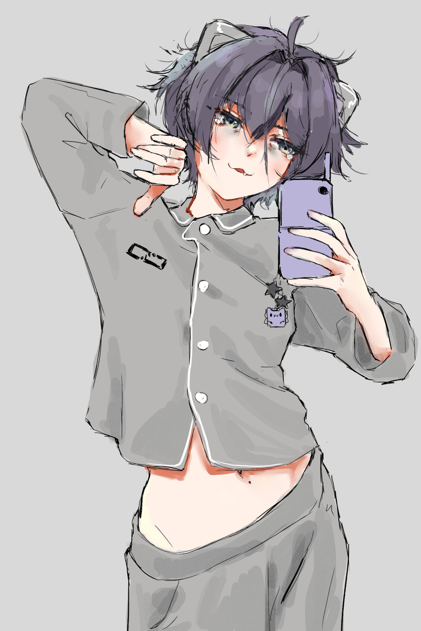 1girl, :3, absurdres, ahoge, arm_up, bags_under_eyes, bob_cut, fang