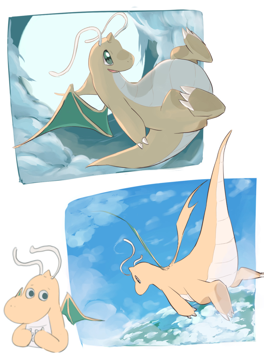 above_clouds, claws, clouds, commentary_request, dragonite, flying, green_eyes, highres