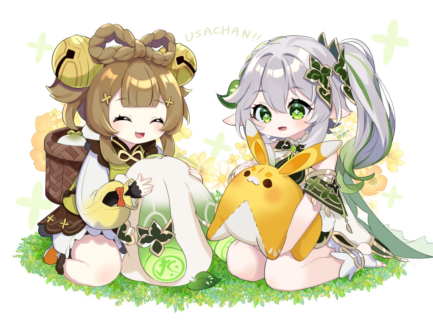 2girls, bangs, bell, bow-shaped_hair, bracelet, braid, brown_hair, closed_eyes, female_child, genshin_impact, green_eyes, highres, jewelry, multiple_girls, nahida_(genshin_impact), oishii_sasa, open_mouth, side_ponytail, smile, toeless_footwear, white_hair, yaoyao_(genshin_impact), yuegui_(genshin_impact)