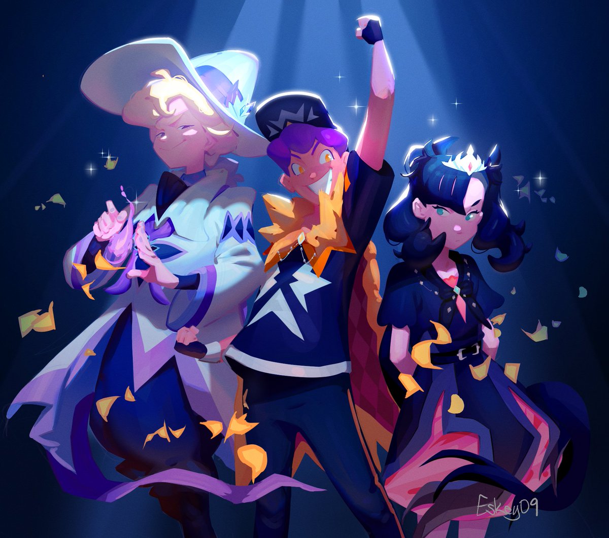 1girl, 2boys, argyle, arm_up, arms_behind_back, bangs, bede_(champion)_(pokemon), bede_(pokemon)