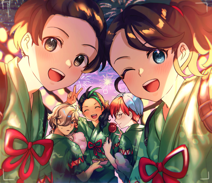 2boys, 3girls, :d, ;d, absurdres, arven_(pokemon), asada_sadao, bangs, blush, brown_eyes, brown_hair, candy_apple, closed_mouth, commentary_request, cotton_candy, eyelashes, fireworks, florian_(pokemon), food, glasses, green_jacket, highres, holding, jacket, juliana_(pokemon), multicolored_hair, multiple_boys, multiple_girls, nemona_(pokemon), night, one_eye_closed, open_mouth, outdoors, penny_(pokemon), pokemon, pokemon_(game), pokemon_sv, ponytail, redhead, round_eyewear, short_hair, smile, teeth, two-tone_hair, upper_teeth_only, v