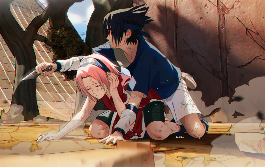 1boy, 1girl, absurdres, bike_shorts, black_eyes, black_hair, blue_headband, chinese_commentary