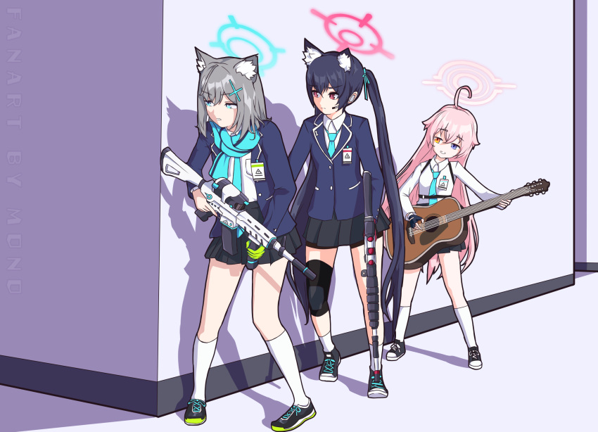 3girls, ahoge, animal_ear_fluff, animal_ears, assault_rifle, bangs, beretta_ar70, black_gloves, black_hair, blazer, blue_archive, blue_eyes, blue_scarf, bow, cat_ears, cat_girl, collared_shirt, commentary, english_commentary, extra_ears, fingerless_gloves, gloves, grey_hair, guitar, gun, hair_between_eyes, hair_bow, halo, heterochromia, highres, holding, holding_gun, holding_instrument, holding_weapon, hoshino_(blue_archive), id_card, instrument, jacket, knee_pads, kneehighs, libyan_guitar_hero_(meme), long_hair, long_sleeves, looking_away, medium_hair, meme, mismatched_pupils, monokuro, multiple_girls, necktie, outdoors, pink_hair, plaid, plaid_skirt, pleated_skirt, red_eyes, ribbon, rifle, scarf, school_uniform, serika_(blue_archive), shiroko_(blue_archive), shirt, shoes, shoulder_strap, sidelocks, sig_sauer_556, single_glove, skirt, sneakers, socks, taking_cover, trigger_discipline, twintails, weapon, white_socks, wolf_ears, wolf_girl