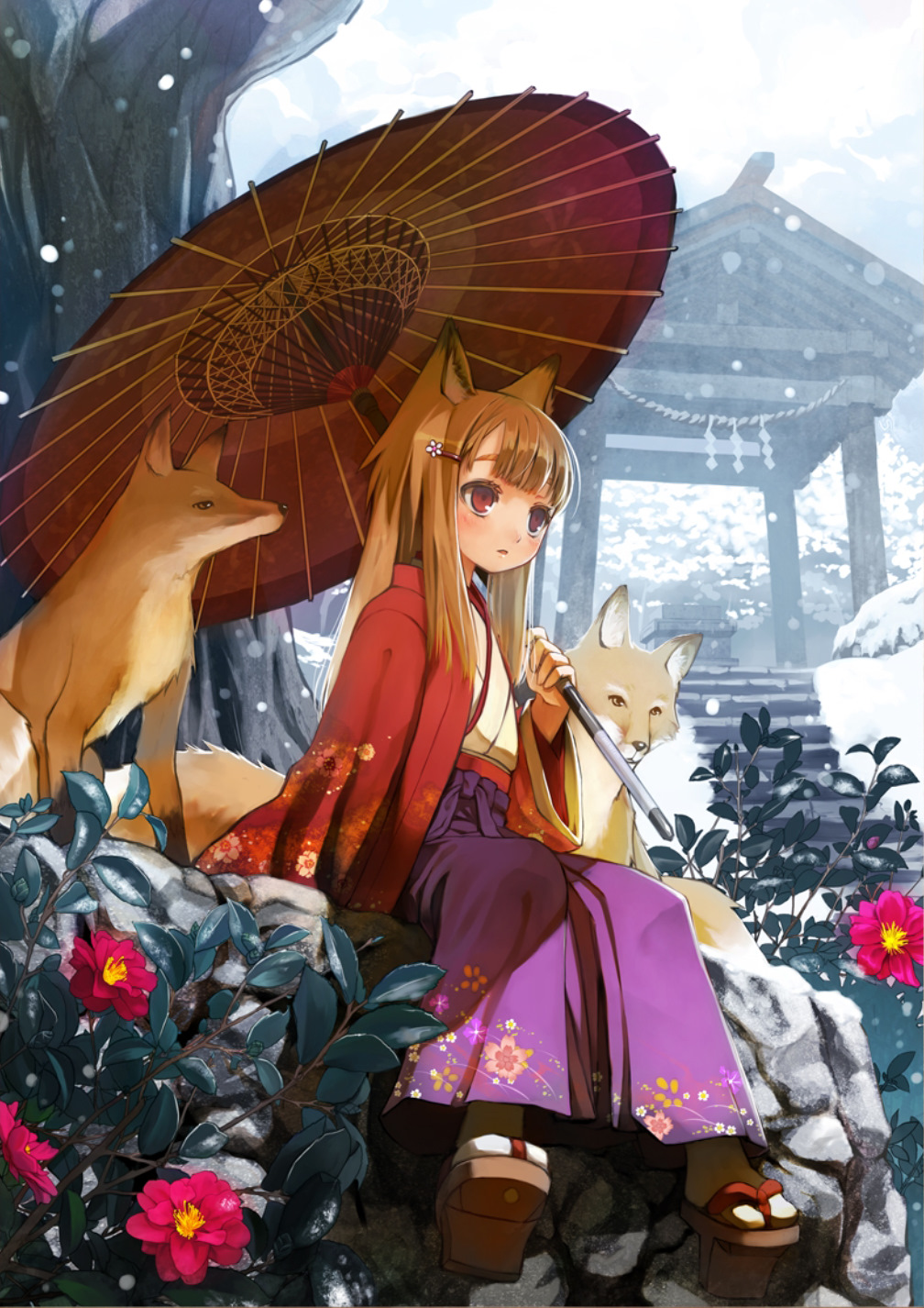 animal_ears, blush, brown_hair, camellia_(flower), floral_print, flower, fox, fox_ears