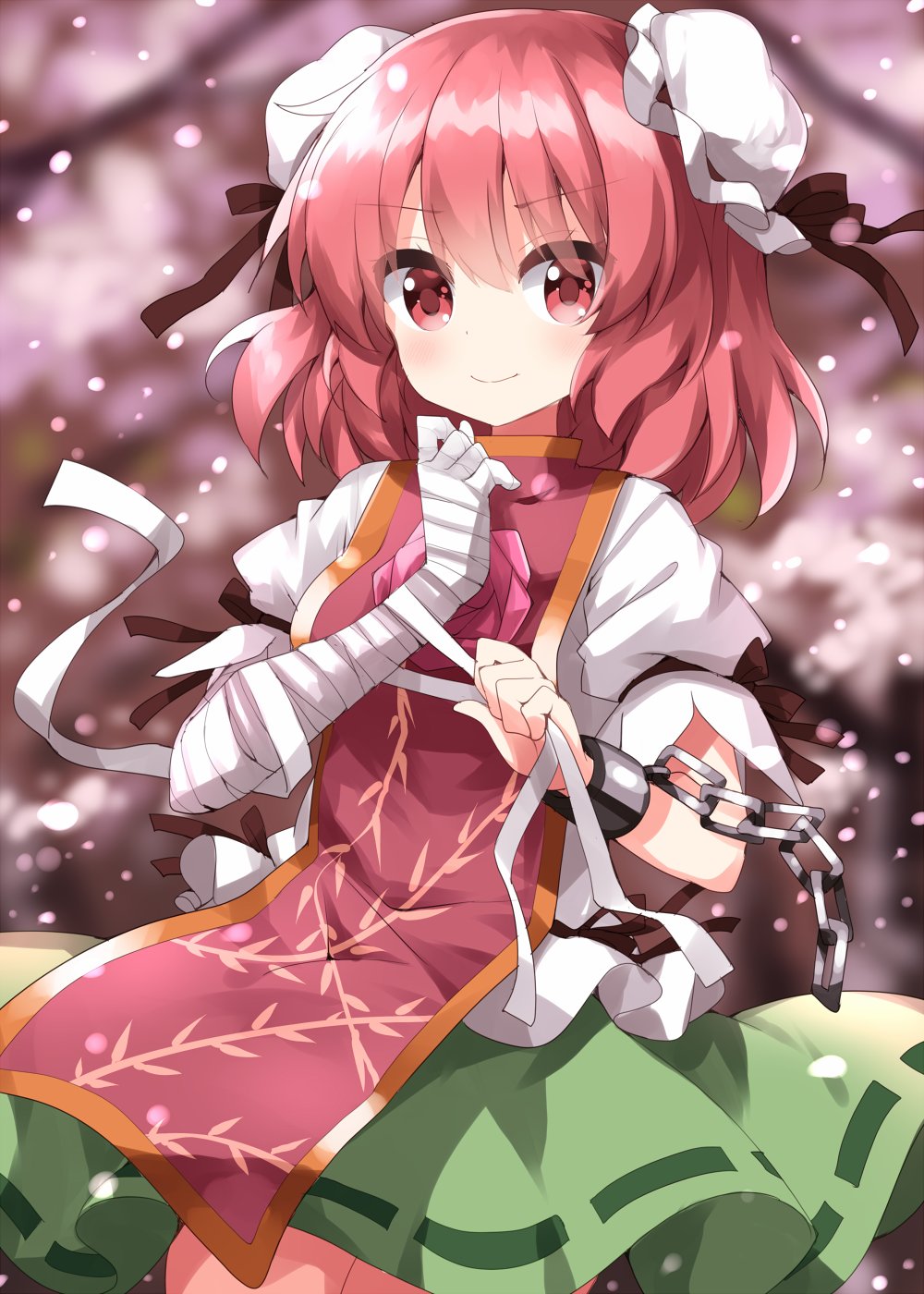 1girl, bandaged_arm, bandages, bangs, blurry, blurry_background, blush, branch