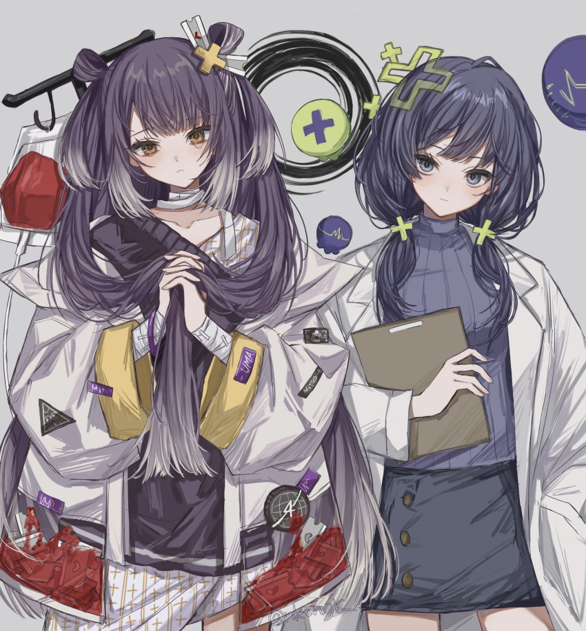 2girls, baggy_clothes, bandaged_arm, bandaged_neck, bandages, bangs, black_eyes, black_hair