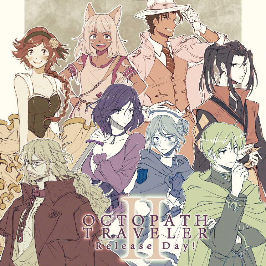 4boys, 4girls, agnea_(octopath_traveler), bangs, beard, black_hair, blonde_hair, blunt_bangs, braid, braided_ponytail, cape, capelet, castti_(octopath_traveler), cat_girl, closed_mouth, coat, collar, collared_shirt, copyright_name, cowboy_shot, dress, facial_hair, glasses, gloves, hat, highres, hikari_(octopath_traveler), holding, holding_weapon, jacket, jacket_on_shoulders, japanese_clothes, korina_(mrpuripurin), long_hair, long_sleeves, looking_away, medium_hair, multiple_boys, multiple_girls, mustache, necktie, ochette_(octopath_traveler), octopath_traveler_ii, osvald_(octopath_traveler), partitio_(octopath_traveler), ponytail, reverse_grip, shirt, short_hair, sleeveless, standing, temenos_(octopath_taveler), throne_(octopath_traveler), vest, weapon