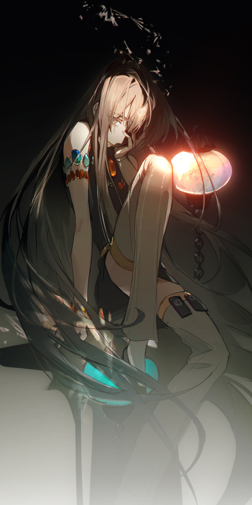 1boy, absurdres, androgynous, closed_mouth, clothing_request, facing_to_the_side, highres, himuka_(olympia_soiree), japanese_clothes, lantern, long_hair, long_sleeves, looking_at_viewer, male_focus, olympia_soiree, shirt, shorts, sleeveless, sleeveless_shirt, solo, thigh-highs, very_long_hair, yipei