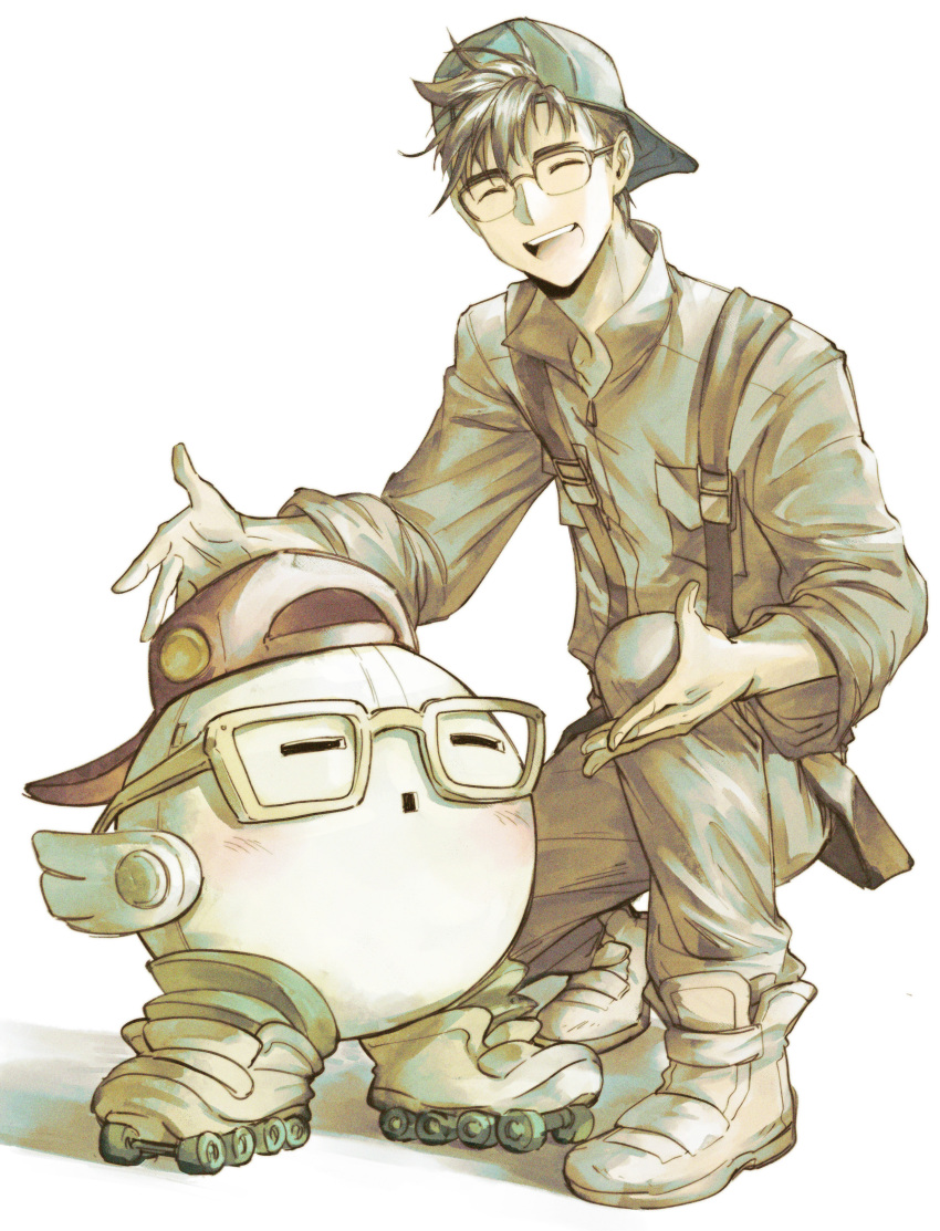 1boy, ^_^, absurdres, backwards_hat, bangs, closed_eyes, cube_(live_a_live), full_body