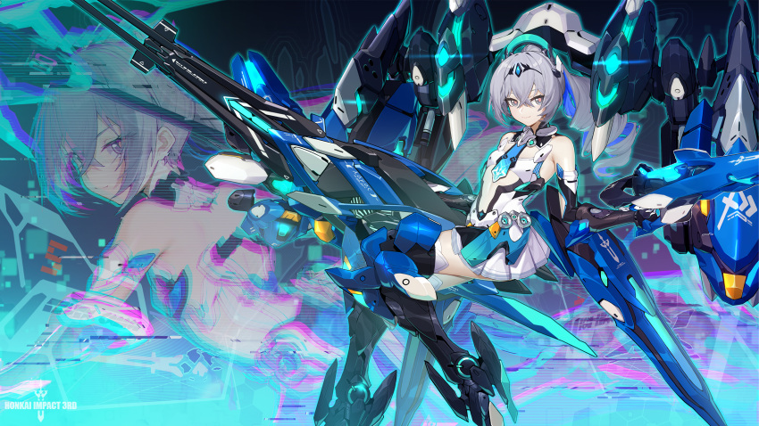 1girl, armor, bare_shoulders, breasts, bronya_zaychik, bronya_zaychik_(herrscher_of_truth), drill_hair, english_text, grey_hair, highres, holding, holding_weapon, honkai_(series), honkai_impact_3rd, looking_at_viewer, mecha_musume, official_art, official_wallpaper, small_breasts, smile, solo, weapon