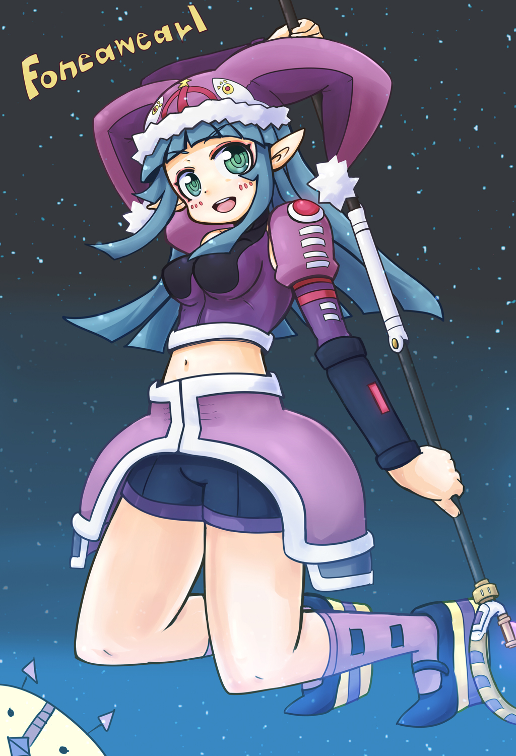 1girl, :d, arm_up, bangs, bike_shorts, black_footwear, black_shorts, blue_hair