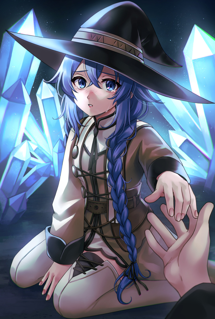 1boy, 1girl, absurdres, bangs, belt, black_ribbon, blue_hair, boots