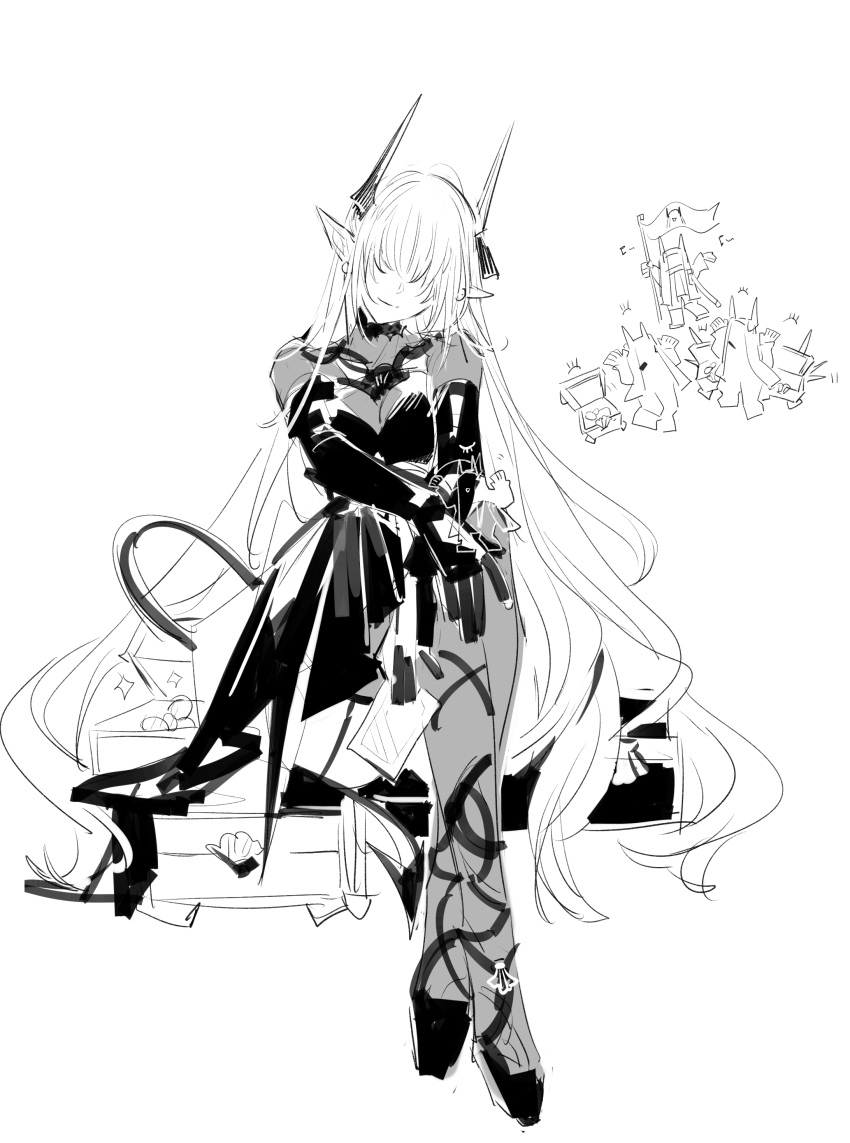absurdres, arknights, chained_sarkaz_girl, covered_eyes, greyscale, highres, horns, monochrome, pointy_ears, sarkaz_grudgebearer_(arknights), sarkaz_sentinel_(arknights), thigh-highs, treasure, white_background, white_theme