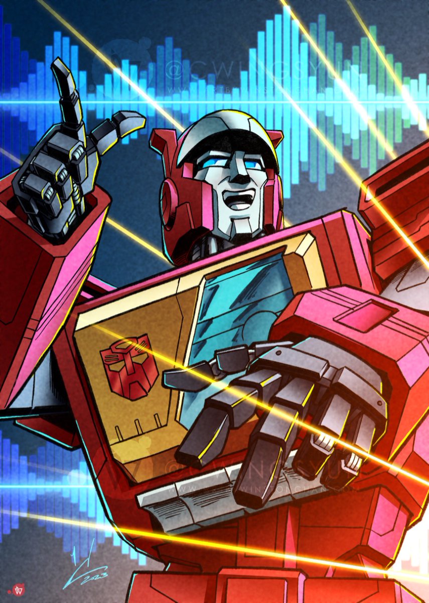 autobot, blaster_(transformers), blue_eyes, english_commentary, finger_gun, highres, looking_up, mecha