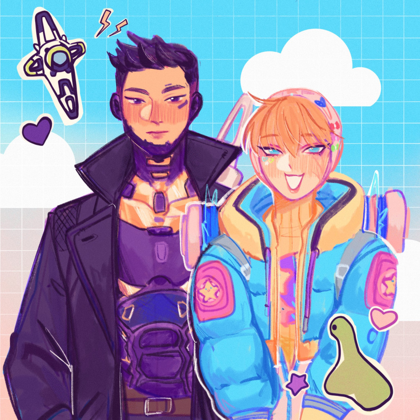 1boy, 1girl, :d, animification, apex_legends, belt, black_eyes, black_hair