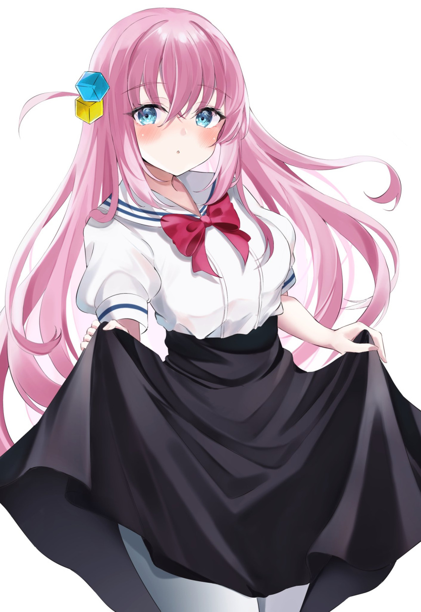 1girl, :o, bangs, black_skirt, blue_eyes, blush, bocchi_the_rock!, bow
