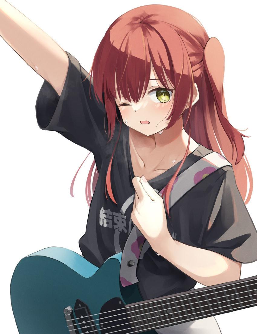 1girl, arm_up, bangs, black_shirt, blue_eyes, bocchi_the_rock!, clothes_pull, collarbone